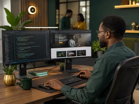 Software developer working at a dual-monitor workstation